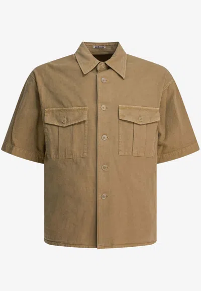 Auralee Short Sleeve Boxy Fit Button-down Shirt In Brown