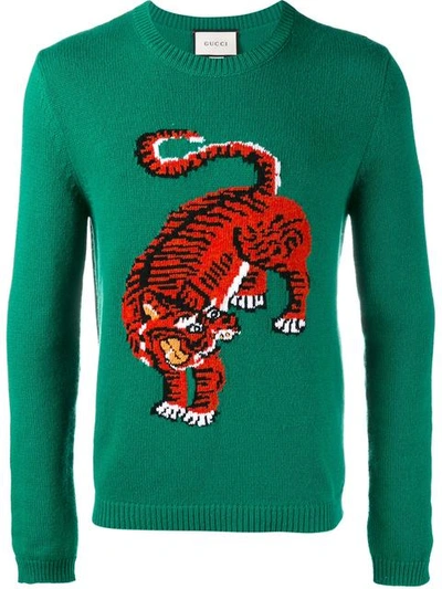 Gucci Crewneck Sweater W/tiger Intarsia, Green