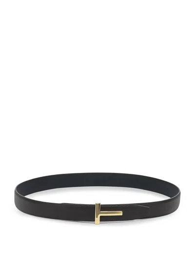 Tom Ford Brown Belt With T-plaque On The Front In Grained Leather Man In Black