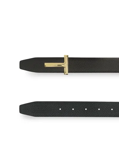 Tom Ford Brown Belt With T-plaque On The Front In Grained Leather Man In Black