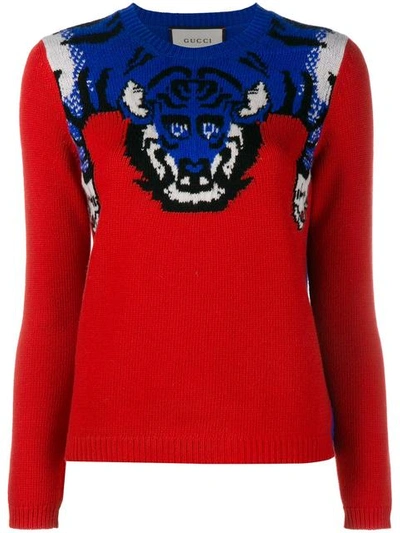 Gucci Embellished Intarsia Wool Sweater In Red