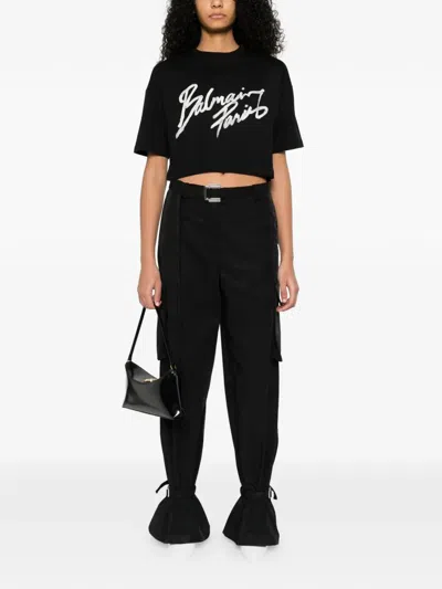 Balmain Black Round Neck Logo Detail Crop T-shirt In Black