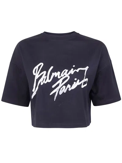 Balmain Black Round Neck Logo Detail Crop T-shirt In Black