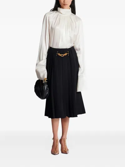 Balmain High Neck Long Sleeve Silk Blend Top In White