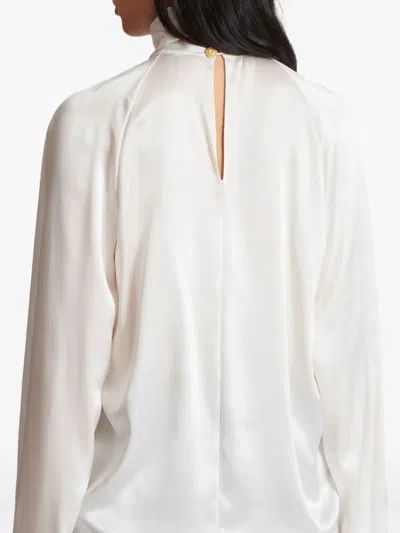 Balmain High Neck Long Sleeve Silk Blend Top In White