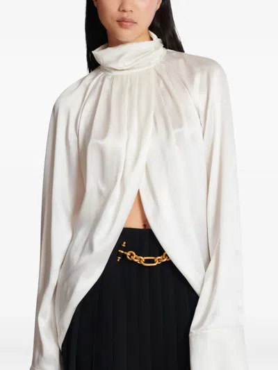 Balmain High Neck Long Sleeve Silk Blend Top In White