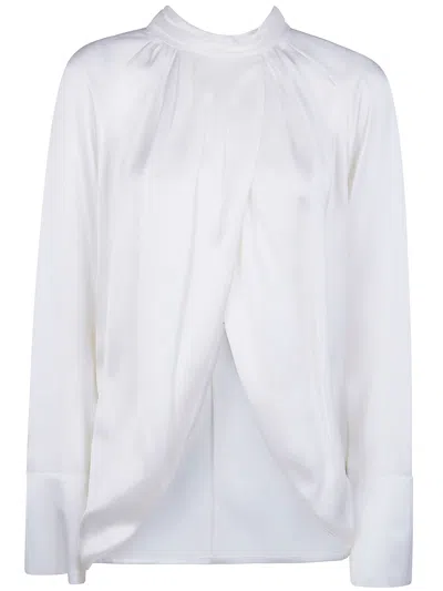 Balmain High Neck Long Sleeve Silk Blend Top In White