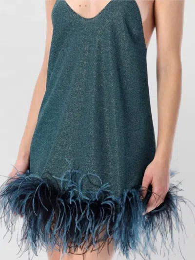 Oseree Lumiere Feather Detail Glitter Mini Dress In Blue