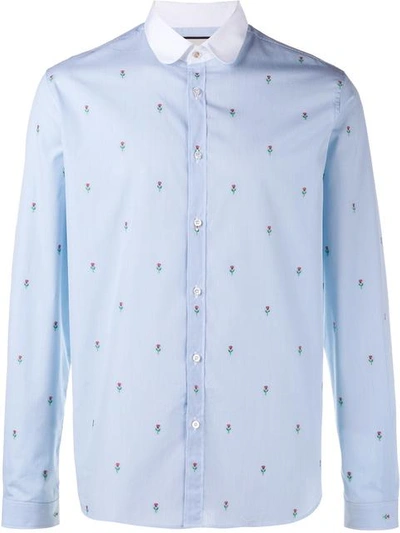 Gucci Slim-fit Penny-collar Embroidered Striped Cotton Shirt In Blue