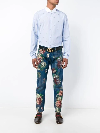 Shop Gucci Floral Embroidered Striped Shirt