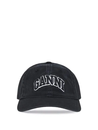 Ganni Womens Black Brand-embroidered Cotton-canvas Cap In Black