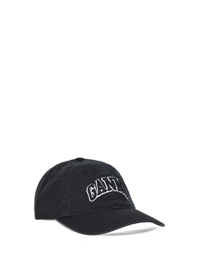 Ganni Womens Black Brand-embroidered Cotton-canvas Cap In Black