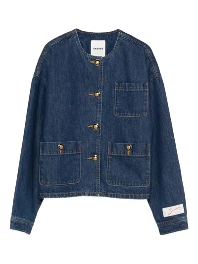 Sandro Womens Deep Blue Buttoned Round-neck Denim Jacket In Blue