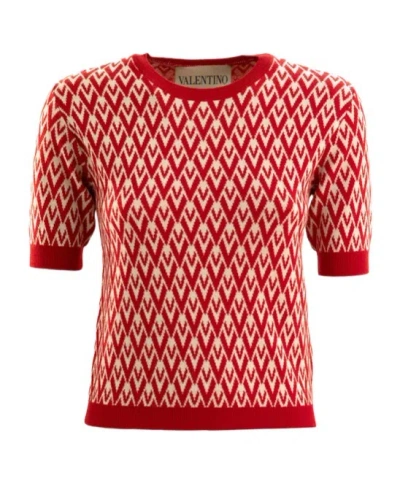 Valentino Toute La V-pattern Short-sleeved Knit Top In Red