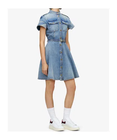 Alexander Mcqueen Mcqueen Stonewashed Denim Mini Dress In Blue