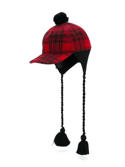 Gucci Pompom Plaid Cap In Red