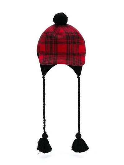 Gucci Pompom Plaid Cap In Red