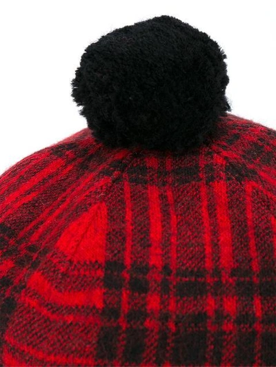 Gucci Pompom Plaid Cap In Red