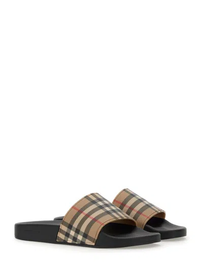 Burberry Brown Slides Sandals With Vintage Check Motif In Polyurethane In Multi