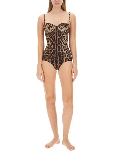 Dolce & Gabbana Embellished Leopard-print Underwired Swimsuit In Animal Print