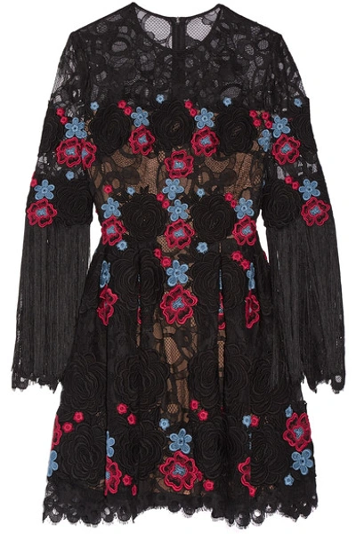 Elie Saab Woman Fringed Embroidered Cotton-blend Tulle Mini Dress Black