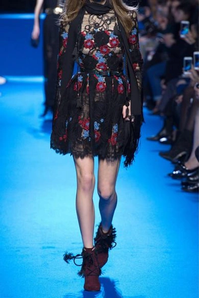 Shop Elie Saab Fringed Embroidered Cotton-blend Tulle Mini Dress