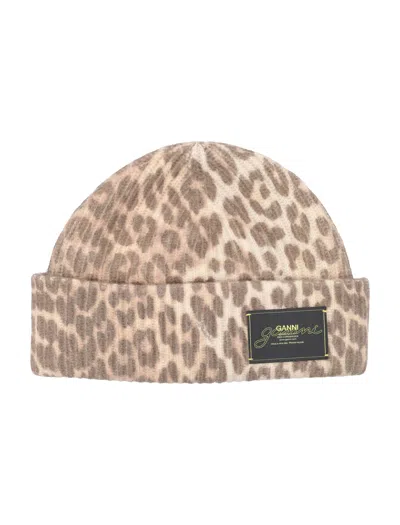 Ganni Womens Leopard Graphic Print Wool Blend Beanie In Brown