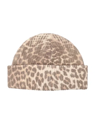Ganni Womens Leopard Graphic Print Wool Blend Beanie In Brown
