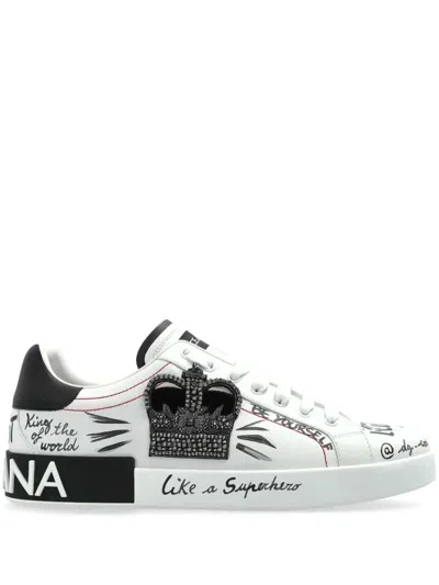 Dolce & Gabbana White Low Top Sneakers With Logo Patch On The Tongue And All-over Print In Leather Man In White