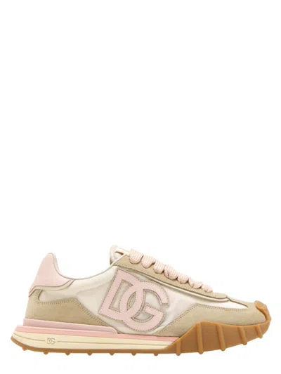 Dolce & Gabbana Dg Athletic Sneakers In Ivory And Pink Fabric And Leather In Multi