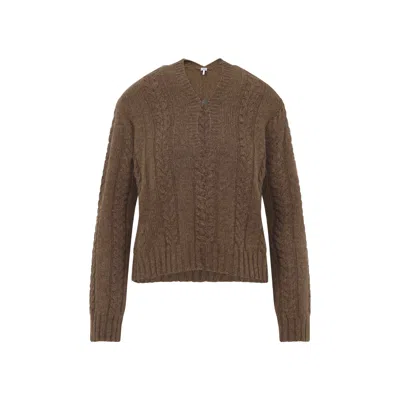 Loewe V Neck Cable Knit Sweater Ribbed Cuffs Hem In Brown