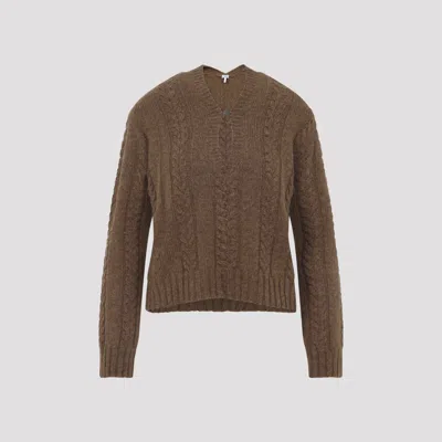 Loewe V Neck Cable Knit Sweater Ribbed Cuffs Hem In Brown