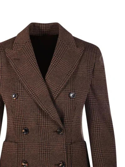 Max Mara Double Breasted Check Pattern Jersey Jacket In Brown