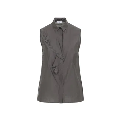 Peserico Silk Cotton Top Collared Neck Ruffle Sleeveless In Gray