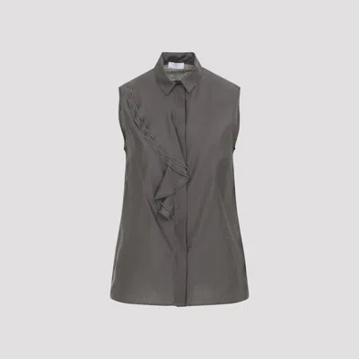 Peserico Silk Cotton Top Collared Neck Ruffle Sleeveless In Gray