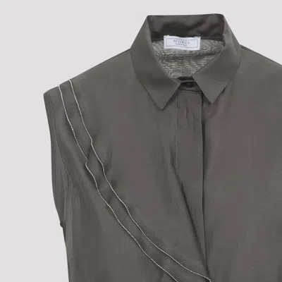 Peserico Silk Cotton Top Collared Neck Ruffle Sleeveless In Gray