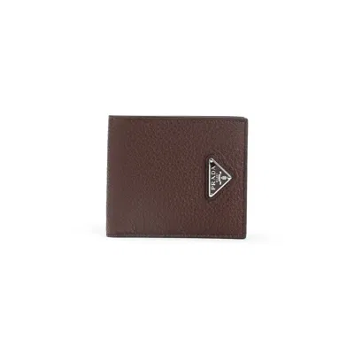 Prada Logo Bi-fold Leather Wallet In Brown