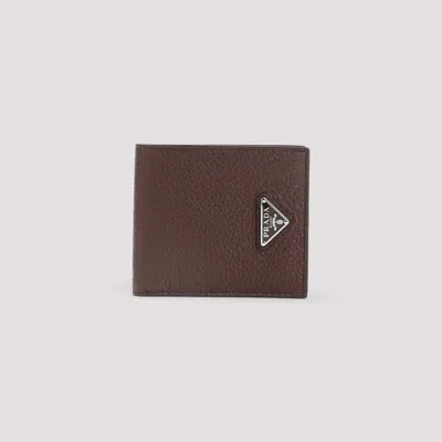 Prada Logo Bi-fold Leather Wallet In Brown
