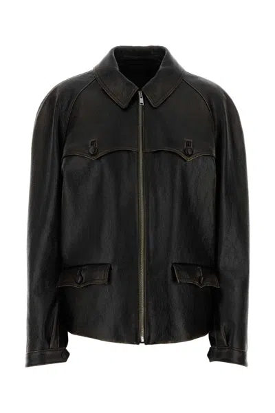 Prada Leather Jacket Long Sleeves Buttoned Pockets Tabs In Black