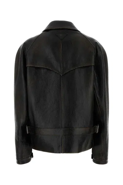 Prada Leather Jacket Long Sleeves Buttoned Pockets Tabs In Black