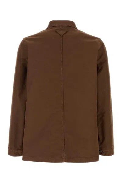 Prada Canvas Jacket Collared Chest And Front Pockets In Brown