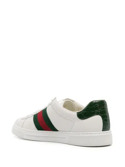 Gucci Ace Leather Sneakers With Lateral Web Band In White