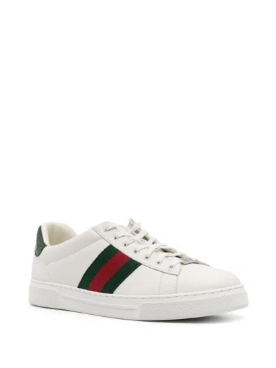 Gucci Ace Leather Sneakers With Lateral Web Band In White