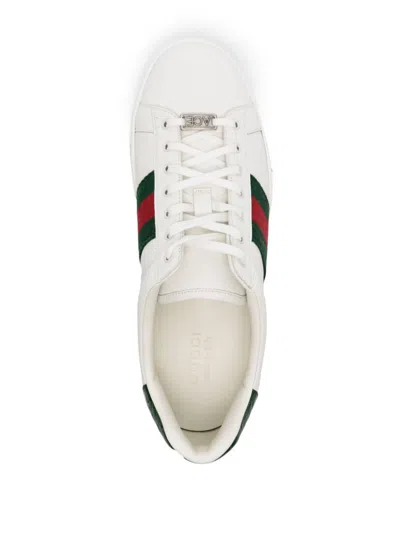 Gucci Ace Leather Sneakers With Lateral Web Band In White