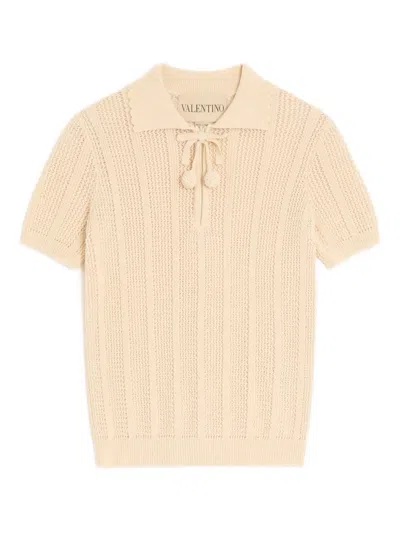 Valentino Embroidered Cotton Knit Polo Woman Ivory Xs In Pink