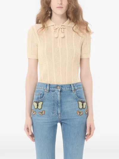 Valentino Embroidered Cotton Knit Polo Woman Ivory Xs In Pink