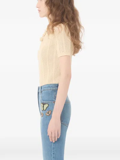 Valentino Embroidered Cotton Knit Polo Woman Ivory Xs In Pink