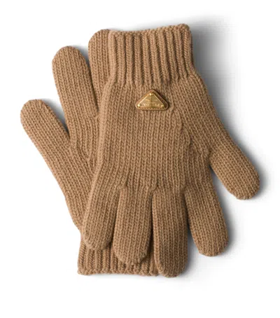 Prada Wool Logo Gloves In Brown