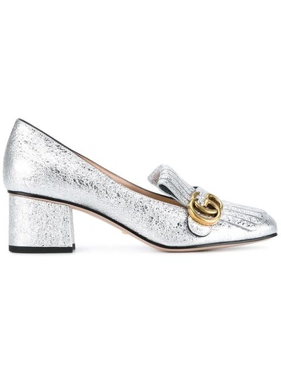 Gucci Marmont 55 Metallic-leather Loafers In Silver