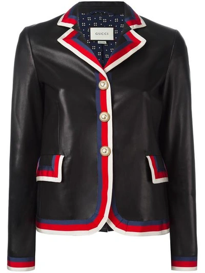Shop Gucci Sylvie Web Trim Leather Jacket In Black